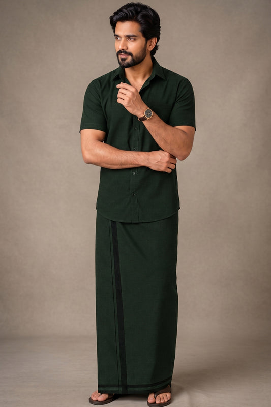Genz Loungewear Colour Shirt Half Sleeve and Matching Dhoti Single Combo Set - 88016 - Forest Green