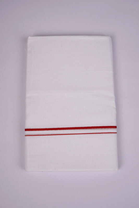 Mens Cotton Blend White Dhoti Double Small Border 3.70 m|SD-18 RED