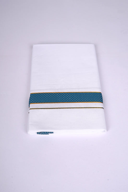 Mens White Single Dhoti Cotton Blend with Chess Board Fancy Border - 2.00M | FS-118 - Ajantha Blue