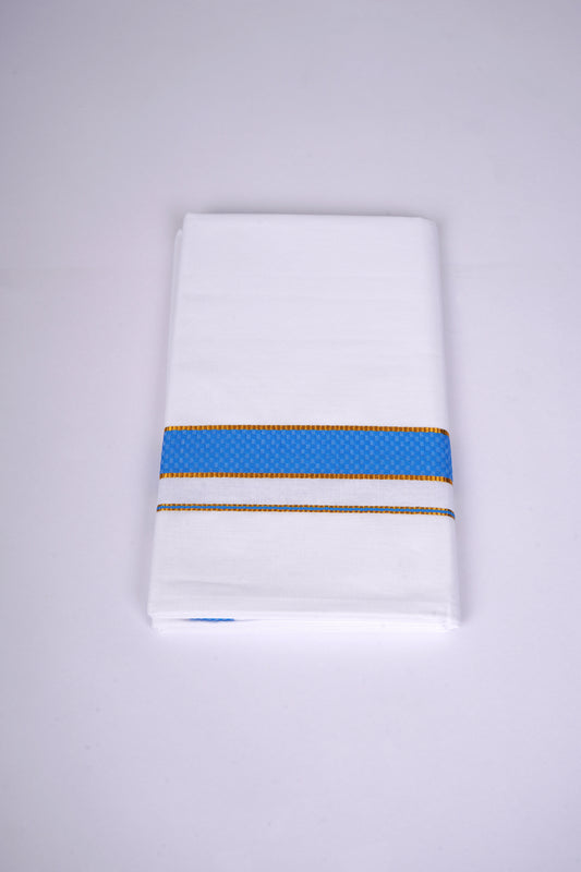 Mens White Single Dhoti Cotton Blend with Chess Board Fancy Border - 2.00M | FS-118 - Blue