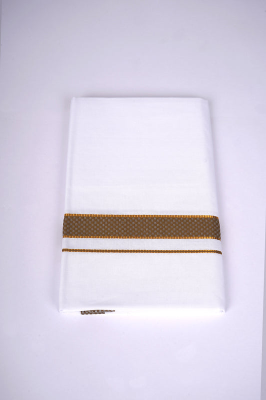 Mens White Single Dhoti Cotton Blend with Chess Board Fancy Border - 2.00M | FS-118 - khaki