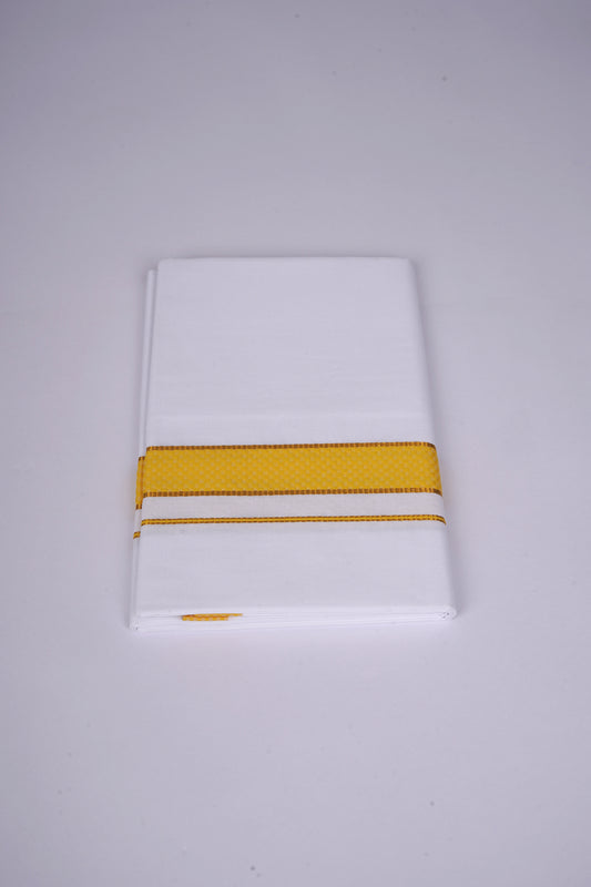 Mens White Single Dhoti Cotton Blend with Chess Board Fancy Border - 2.00M | FS-118 - yellow