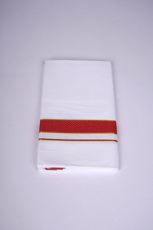 Mens White Single Dhoti Cotton Blend with Chess Board Fancy Border - 2.00M | FS-118 - Red