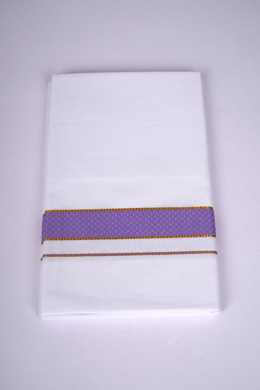 Mens White Single Dhoti Cotton Blend with Chess Board Fancy Border - 2.00M | FS-118 - Violet