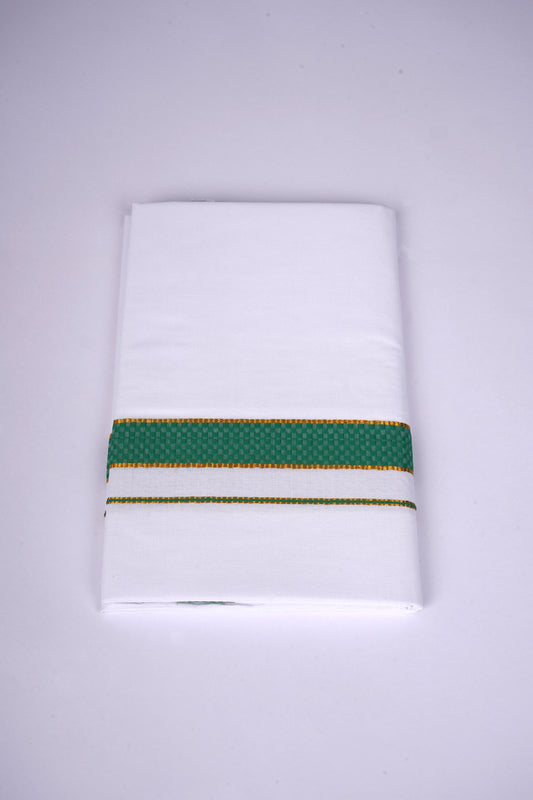 Mens White Single Dhoti Cotton Blend with Chess Board Fancy Border - 2.00M | FS-118 - Dark Green