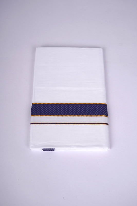 Mens White Single Dhoti Cotton Blend with Chess Board Fancy Border - 2.00M | FS-118 - Navy Blue