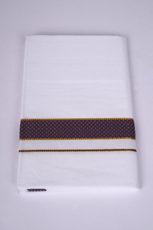 Mens White Single Dhoti Cotton Blend with Chess Board Fancy Border - 2.00M | FS-118 - dark Violet