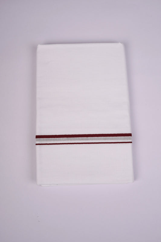 Mens Cotton Blend White Dhoti Double Small Border 3.70 m|SD-18 MAROON