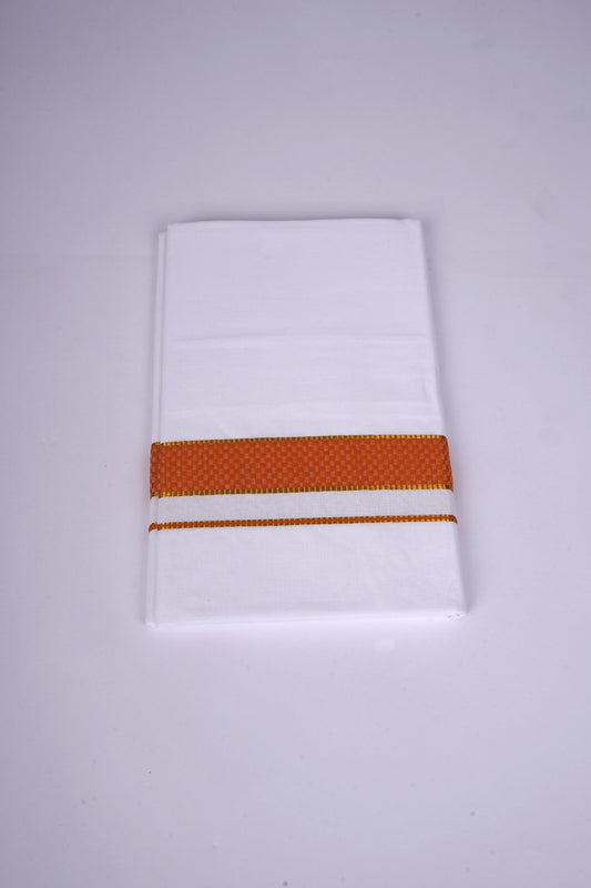 Mens White Single Dhoti Cotton Blend with Chess Board Fancy Border - 2.00M | FS-118 - Orange