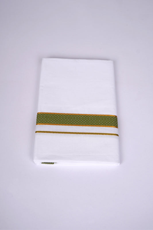 Mens White Single Dhoti Cotton Blend with Chess Board Fancy Border - 2.00M | FS-118 - Green