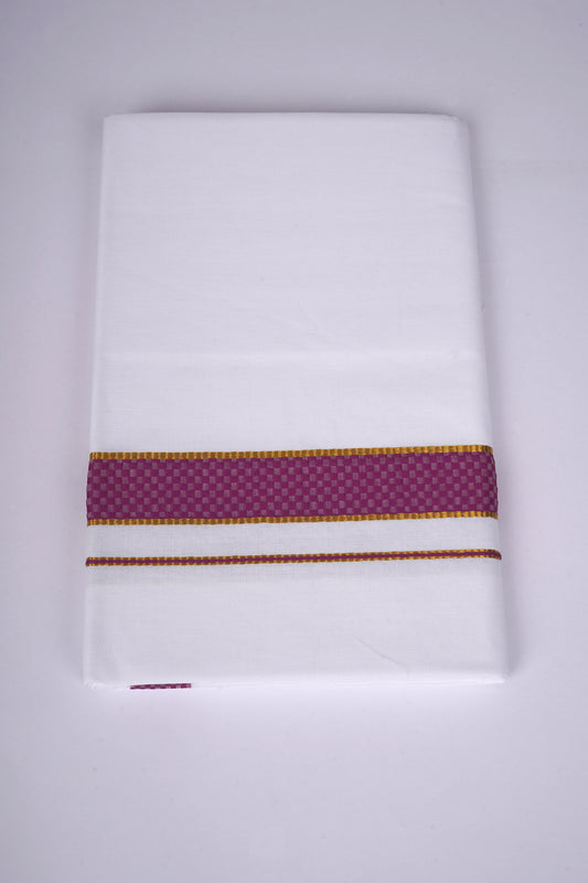 Mens White Single Dhoti Cotton Blend with Chess Board Fancy Border - 2.00M | FS-118 - Light Violet