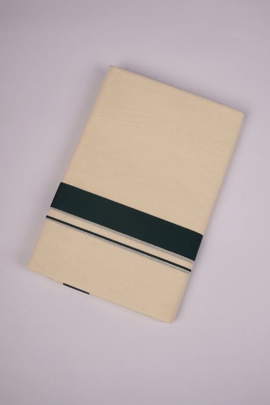 Mens Cotton Blend Cream Dhoti Double Fancy Border 3.80 m|FD-08C DARK GREEN