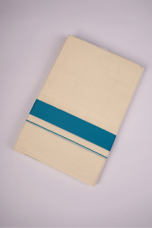 Mens Cotton Blend Cream Dhoti Double Fancy Border 3.80 m|FD-08C SEA GREEN