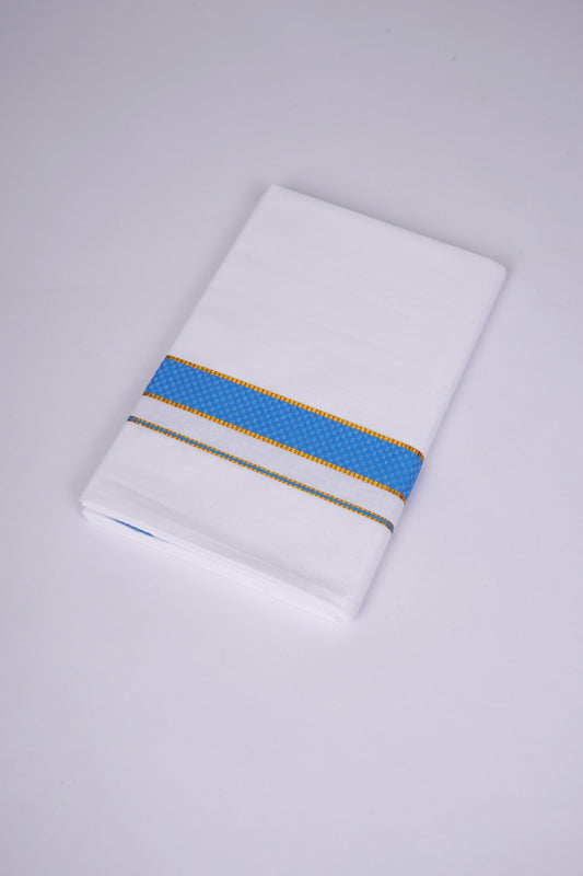 Pure Cotton White Dhoti Single Fancy Border 2.00 m|FS-92 DODGER BLUE