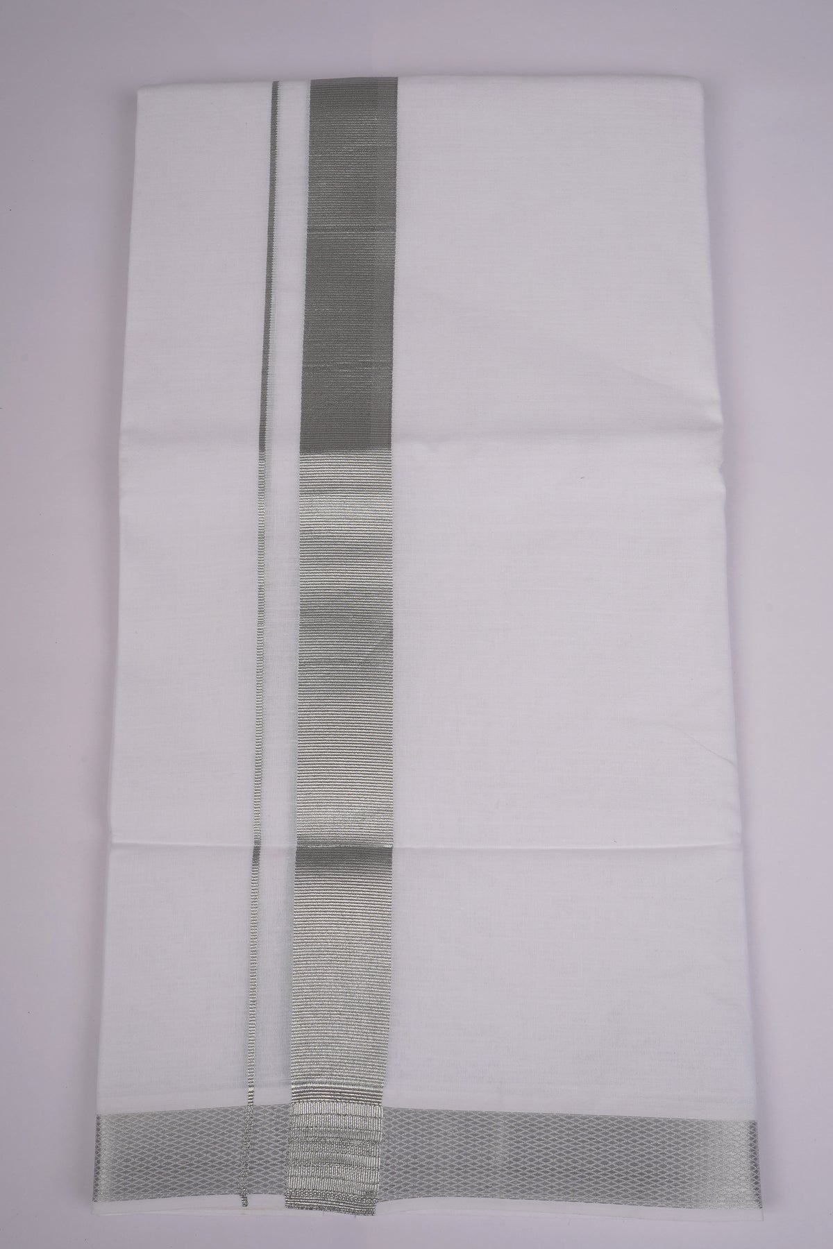 Mens Cotton Blend Double White Dhoti With Silver Jari 3.80 M - SLD-48