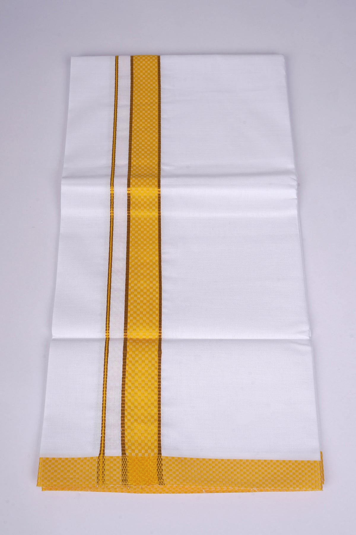 Mens White Single Dhoti Cotton Blend with Chess Board Fancy Border - 2.00M | FS-118 - yellow