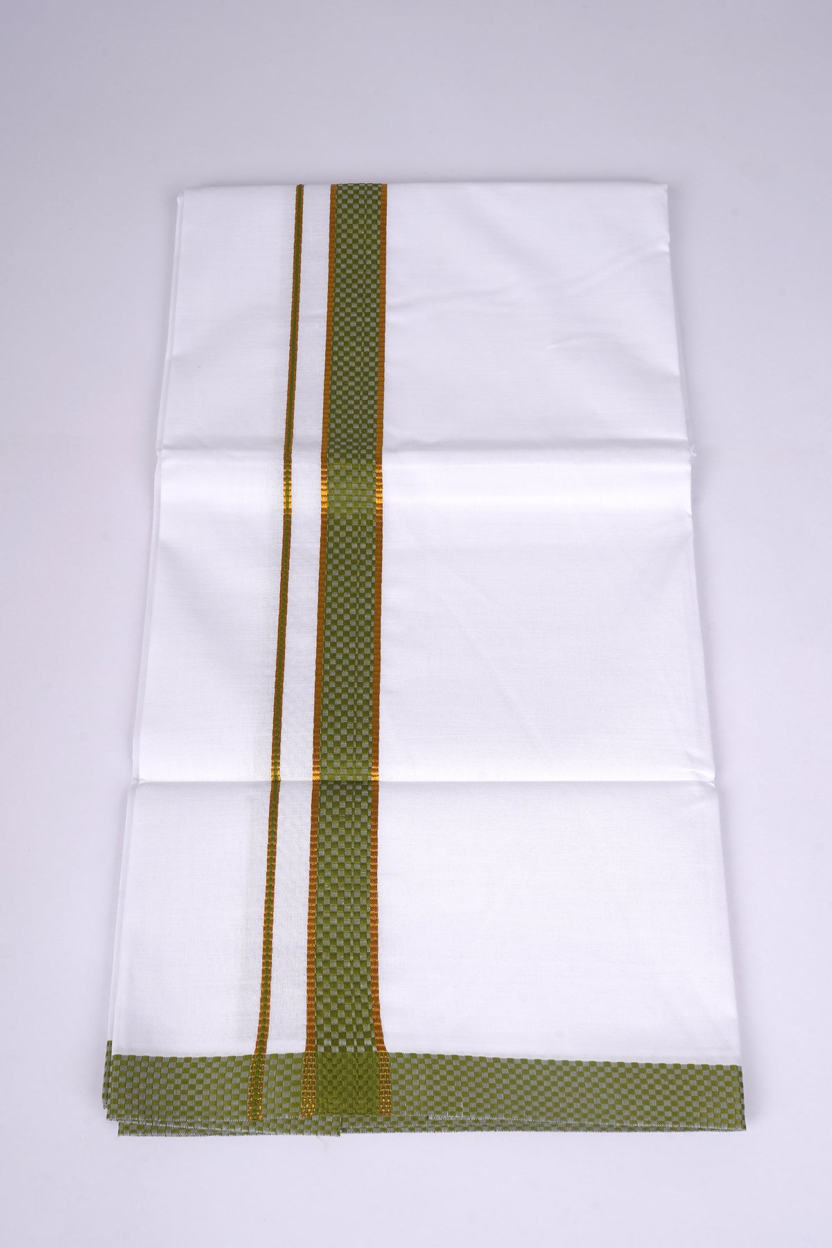 Mens White Single Dhoti Cotton Blend with Chess Board Fancy Border - 2.00M | FS-118 - Green