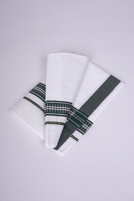 Mens White Single Dhoti Pure Cotton with Fancy Border - 2.00M | FS-99 - DARK GREEN