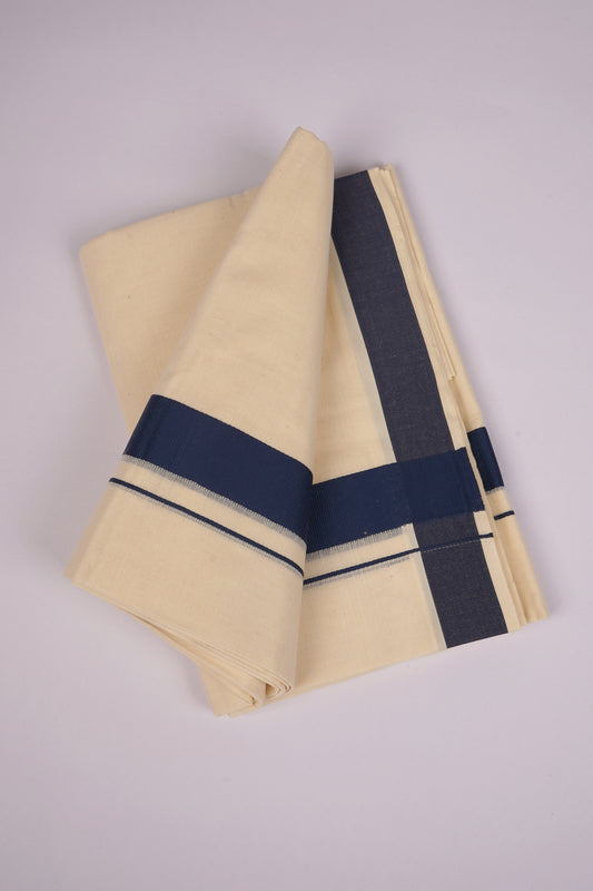 Mens Cotton Blend Cream Dhoti Double Fancy Border 3.80 m|FD-08C NAVY BLUE