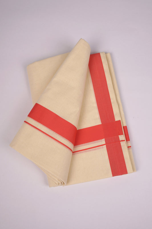 Mens Cotton Blend Cream Dhoti Double Fancy Border 3.80 m|FD-08C CORAL PINK