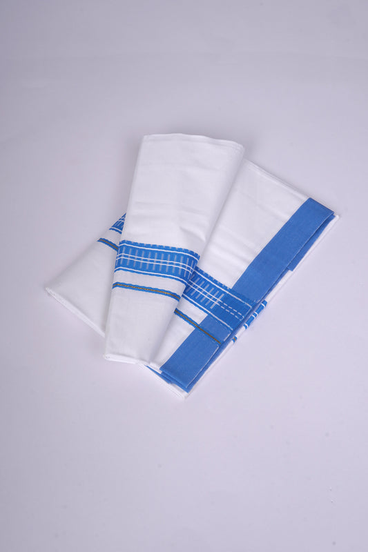 Mens White Single Dhoti Pure Cotton with Fancy Border - 2.00M | FS-99 - BLUE