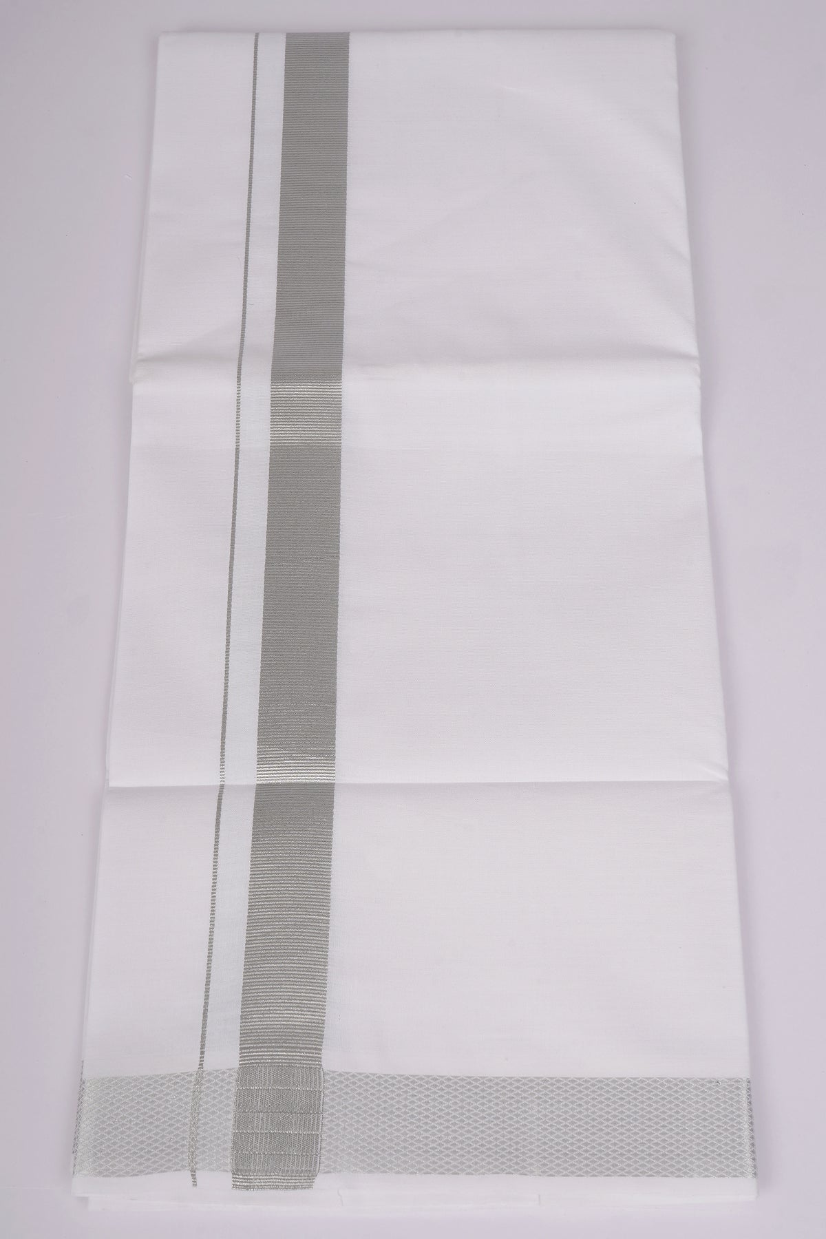 Mens Cotton Blend Single White Dhoti With Silver Jari Border 2.00 M - SLS-07