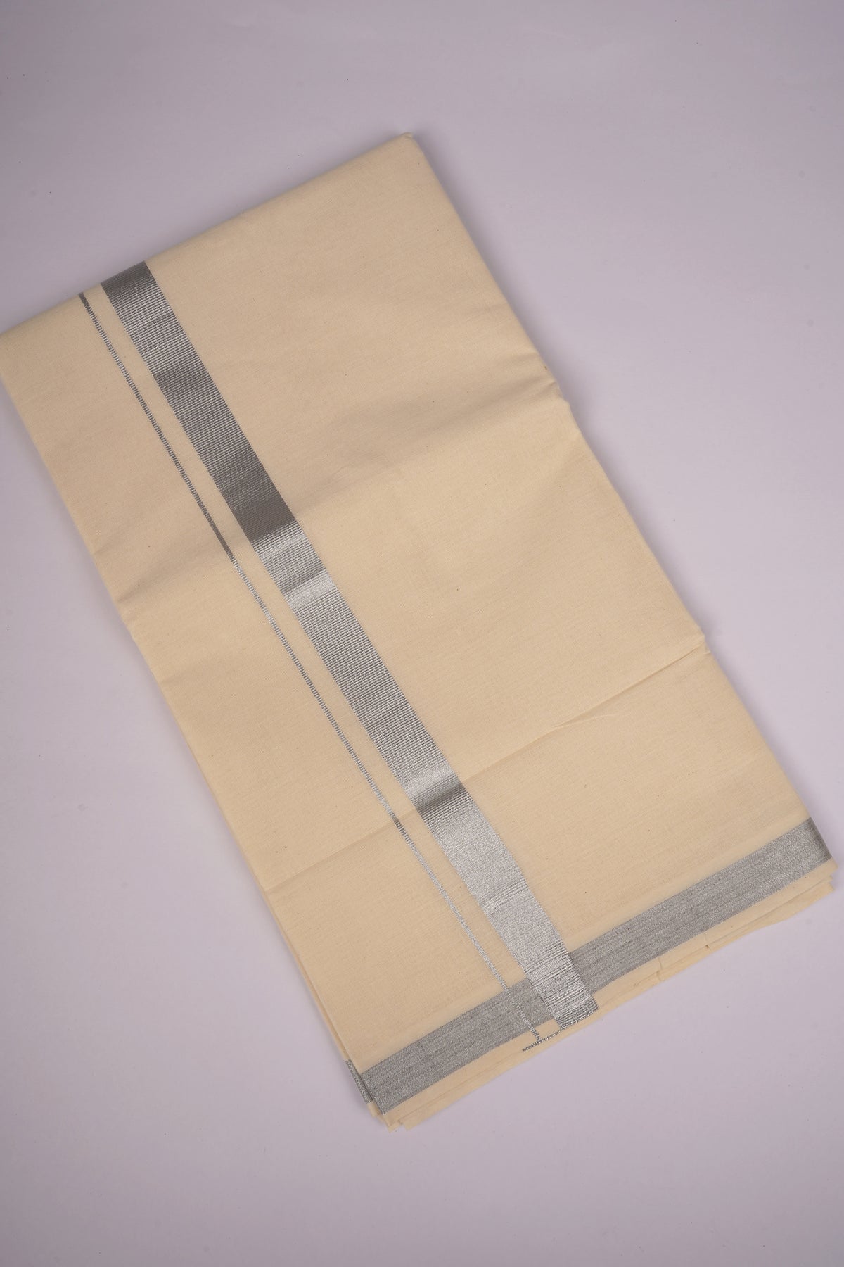 Cotton Blend Double White Dhoti With Silver Jari Border 3.80 M - SLD-45C