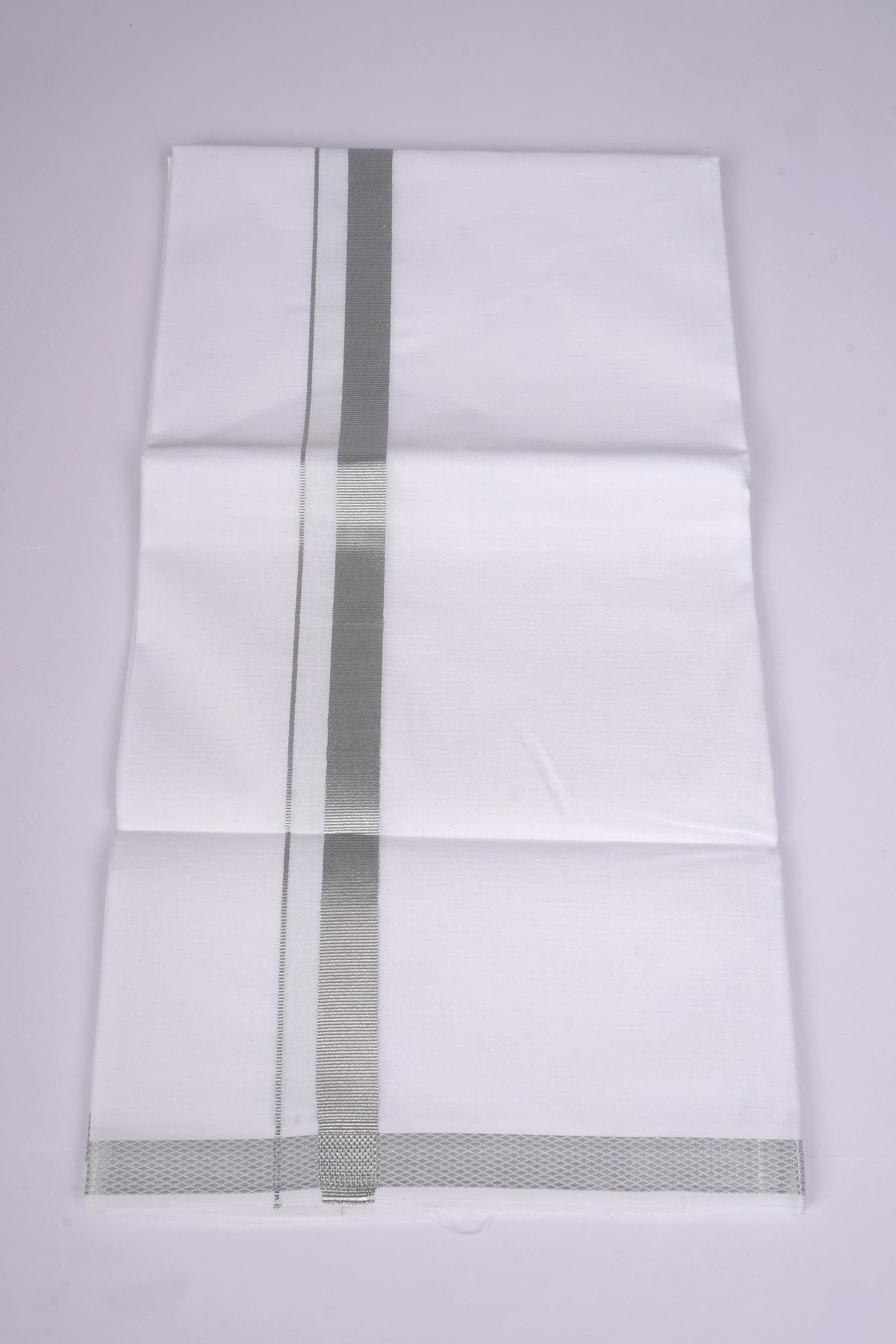 Mens Cotton Blend White Dhoti With Silver Jari Border 1.90 mtr-SLS-19
