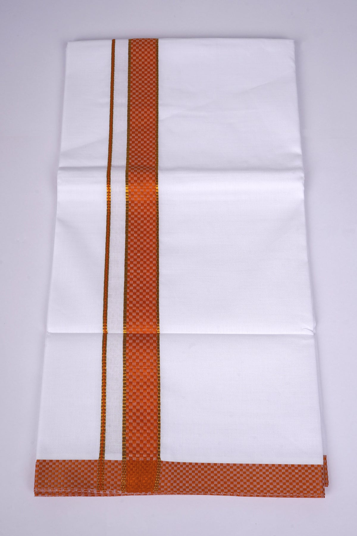 Mens White Single Dhoti Cotton Blend with Chess Board Fancy Border - 2.00M | FS-118 - Orange