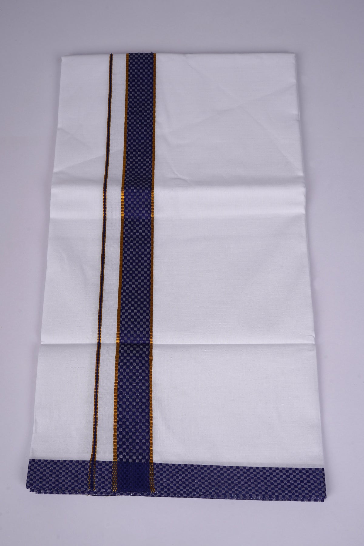 Mens White Single Dhoti Cotton Blend with Chess Board Fancy Border - 2.00M | FS-118 - Navy Blue