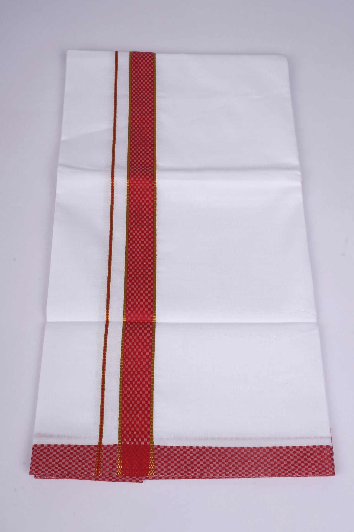 Mens White Single Dhoti Cotton Blend with Chess Board Fancy Border - 2.00M | FS-118 - Red