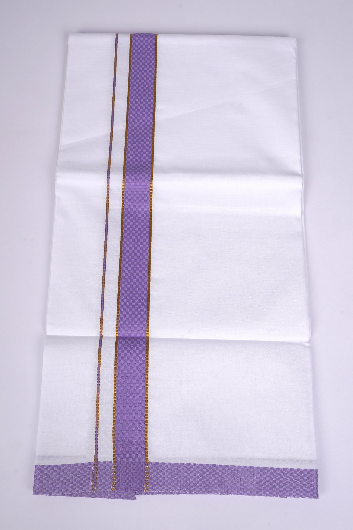 Mens White Single Dhoti Cotton Blend with Chess Board Fancy Border - 2.00M | FS-118 - Violet