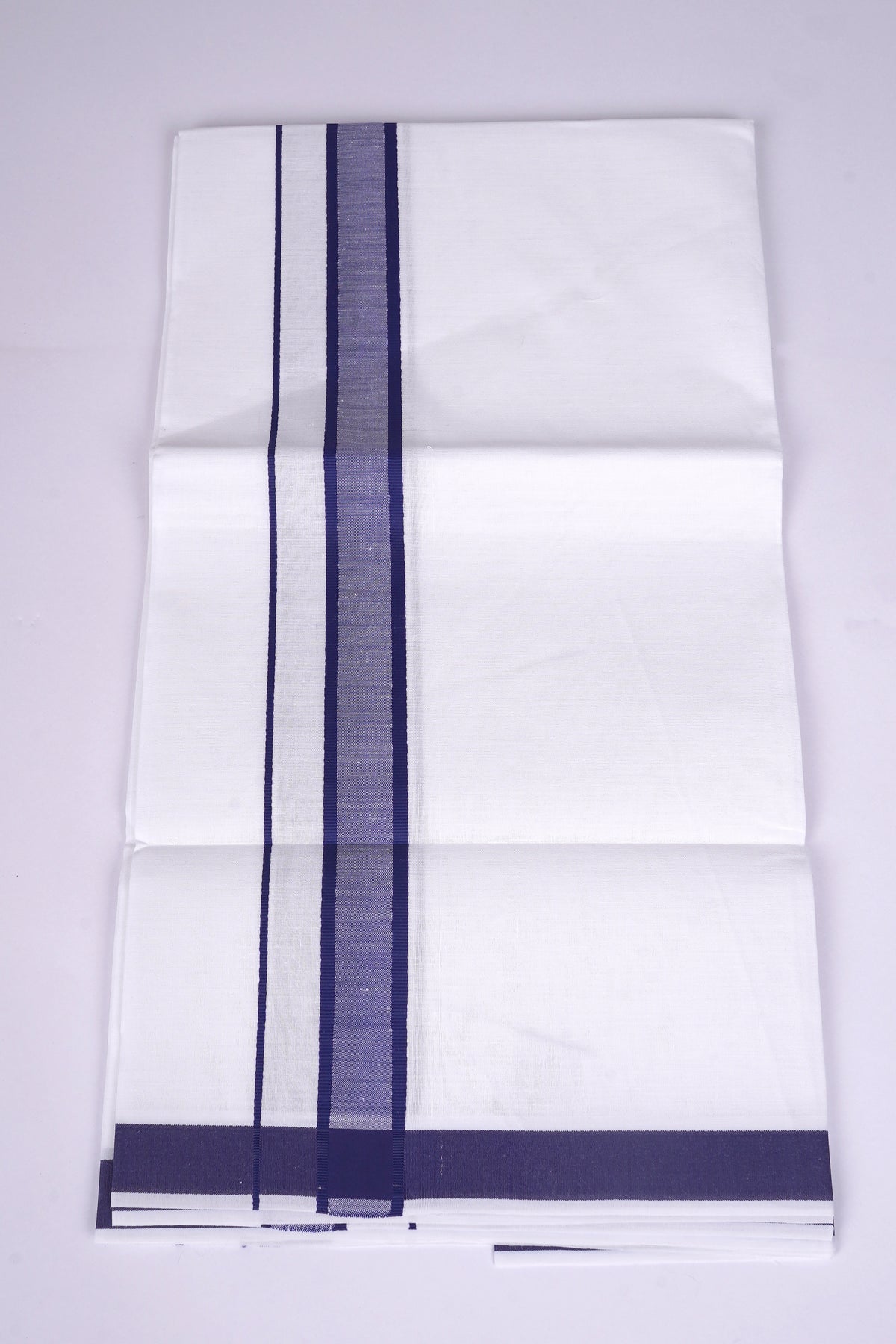 Mens Cotton Blend White Dhoti Single Fancy Border 2.00 m|FS-112 NAVY BLUE