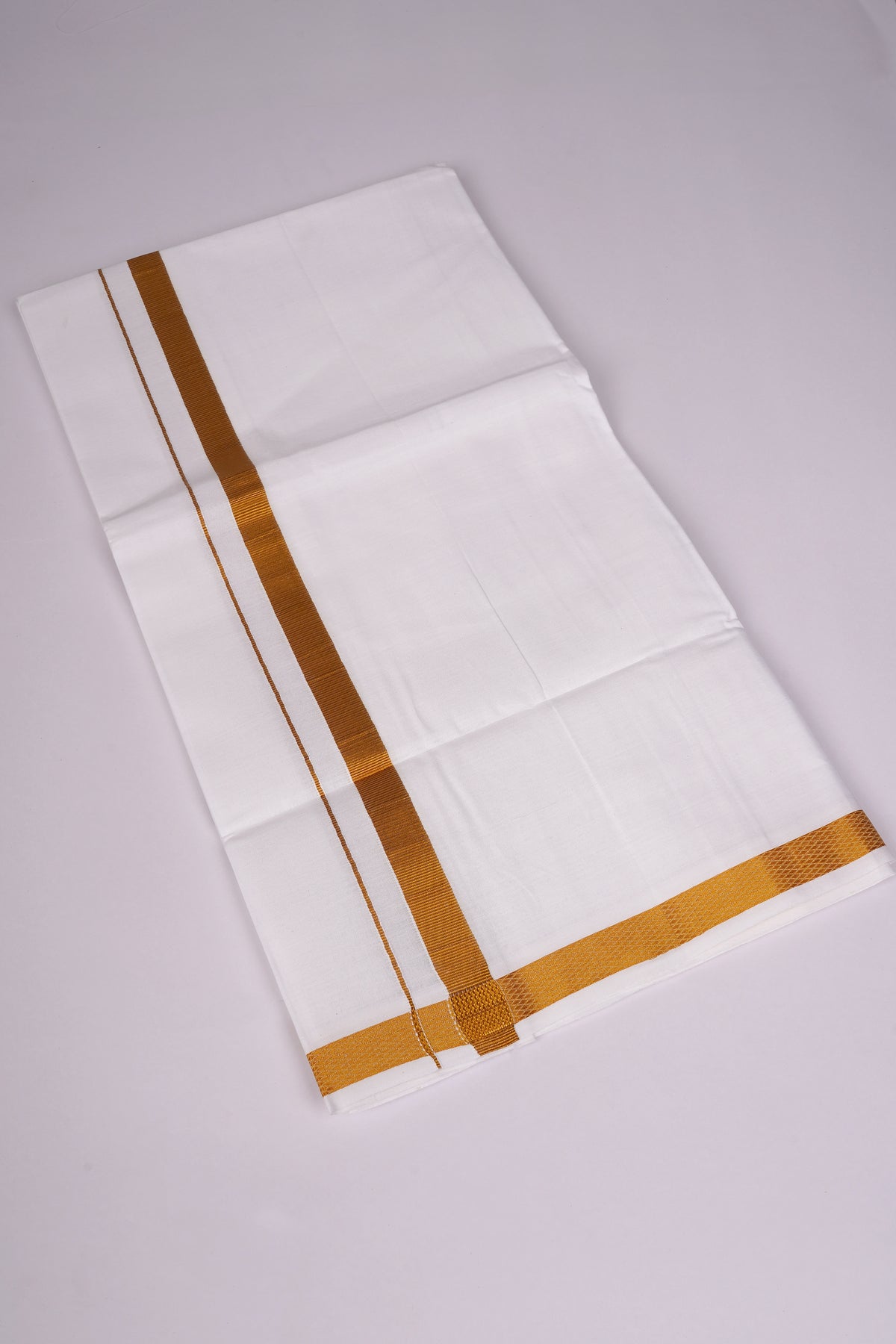 Stitched White Single Cotton Blend Dhoti with Gold Jari Border Stitched - 2.00M | GLS-18