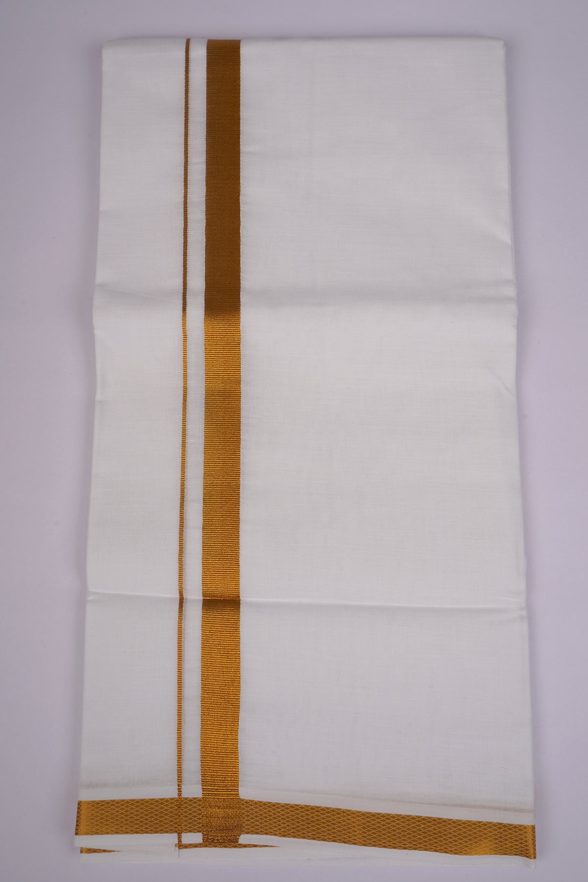 Mens Cotton Blend White Dhoti With Gold Jari Border 3.70 Mtr-GLD-114