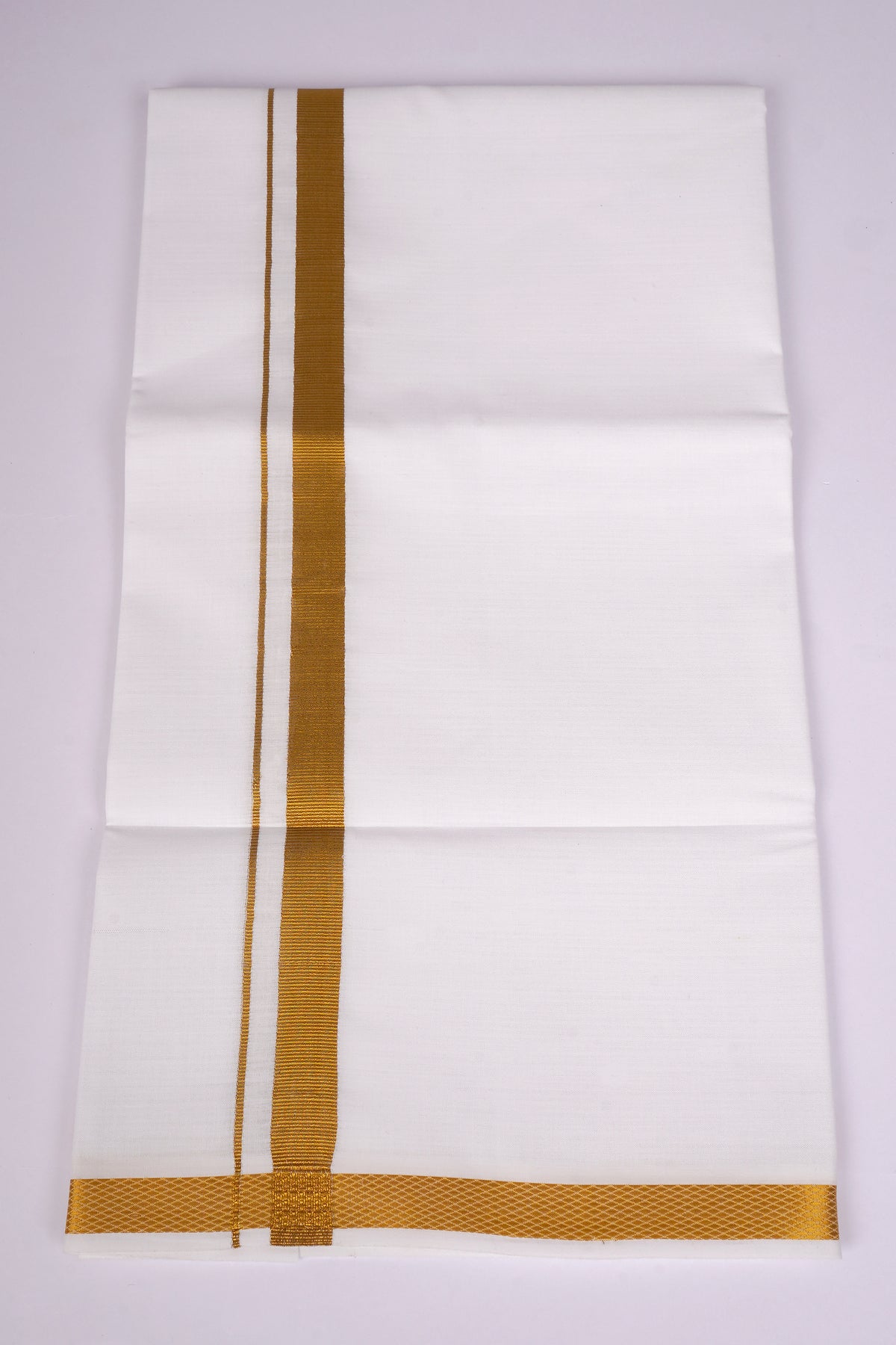 Mens White Single Dhoti Cotton Blend with Gold Jari Border - 2.00M | GLS-22