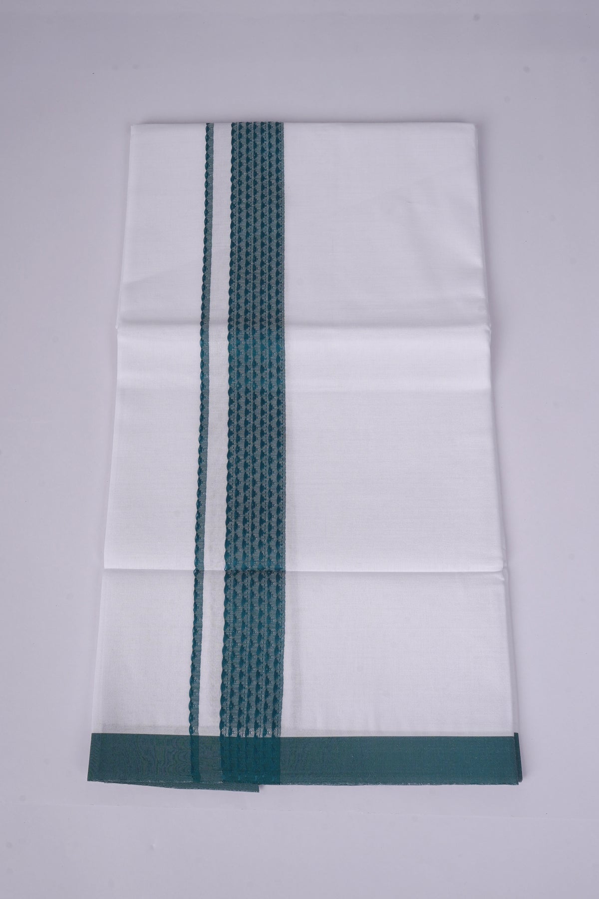 Mens White Single Dhoti Cotton Blend with Fancy Border - 2.00M | FS-136 - Dark Green
