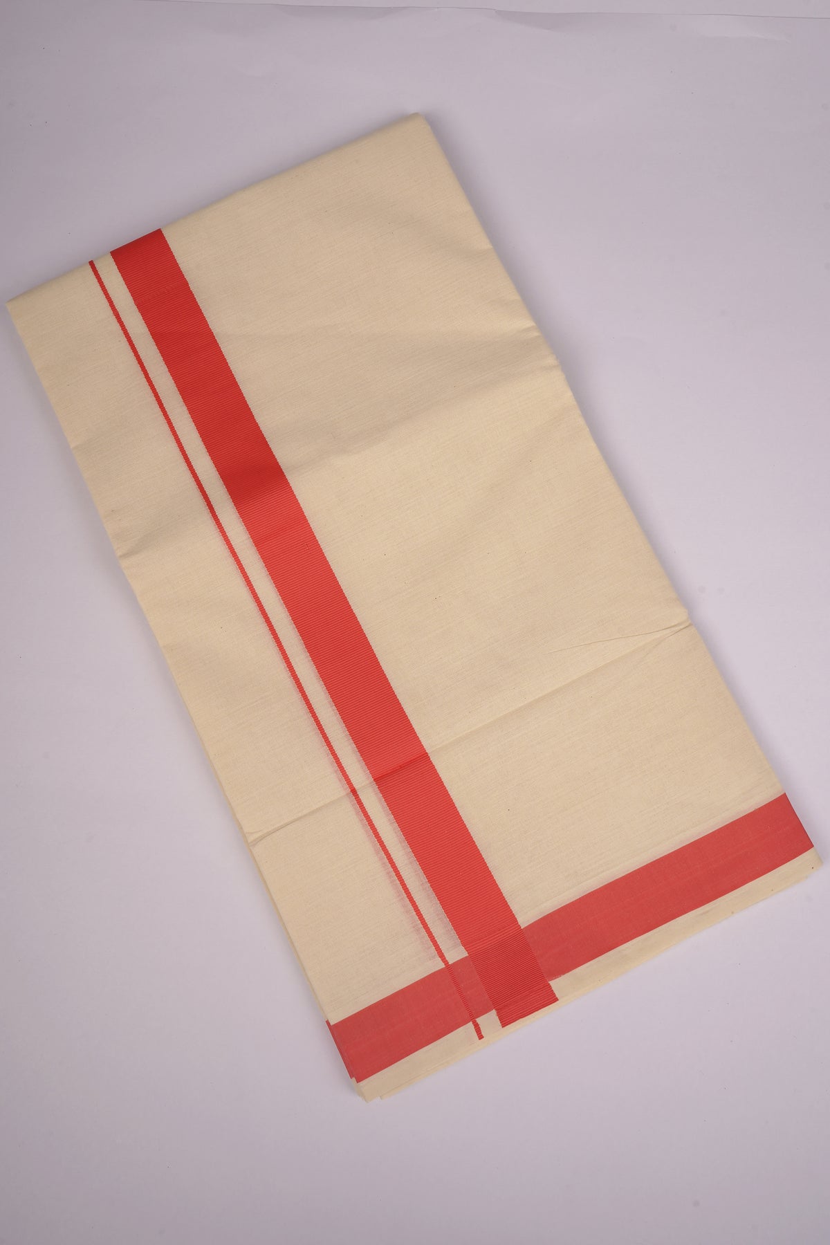 Mens Cotton Blend Cream Dhoti Double Fancy Border 3.80 m|FD-08C CORAL PINK