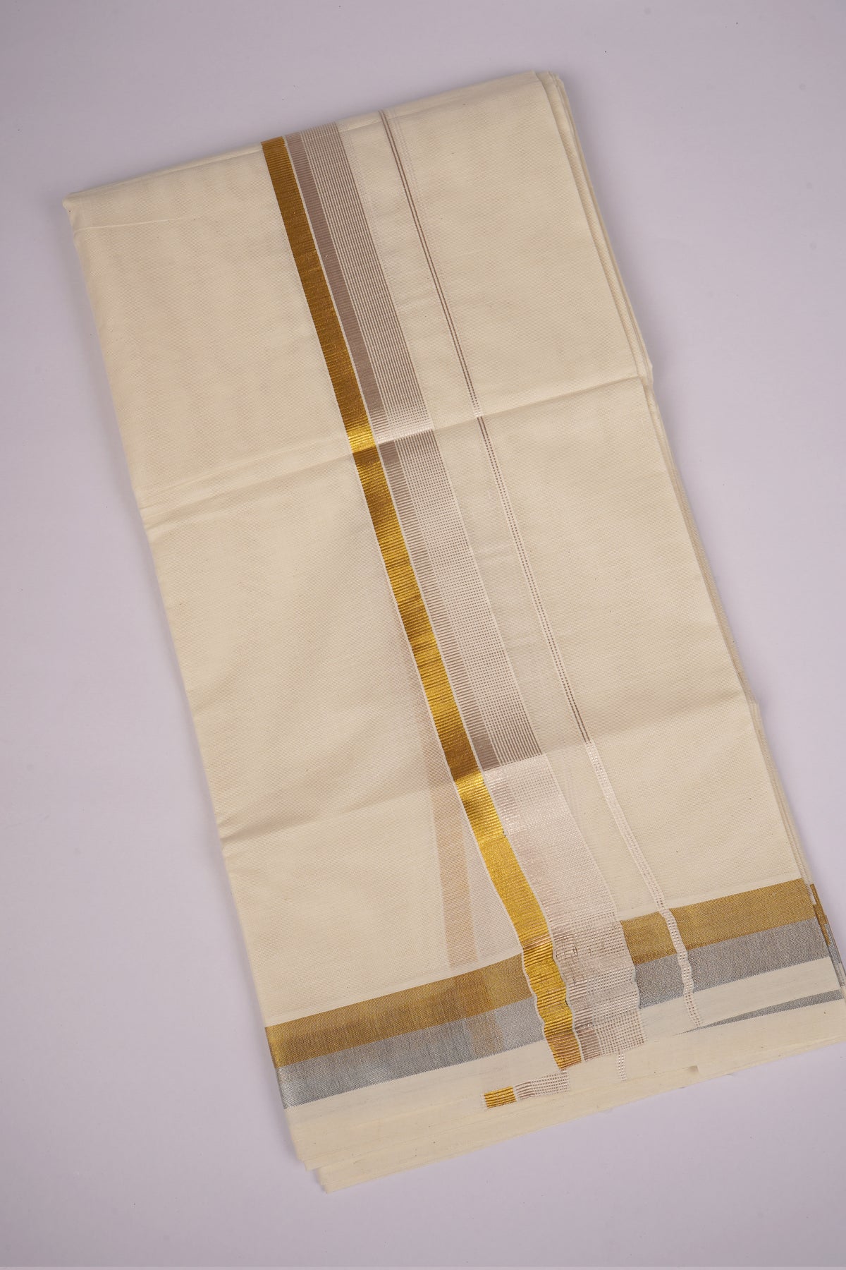 Mens 100% Pure Cotton Cream Dhoti Double Weave with Gold Jari Border - GLD-107 3.80 m