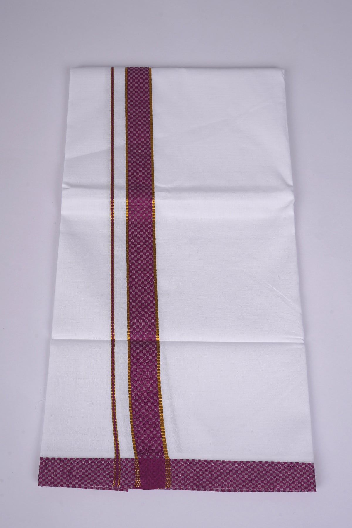 Mens White Single Dhoti Cotton Blend with Chess Board Fancy Border - 2.00M | FS-118 - Light Violet