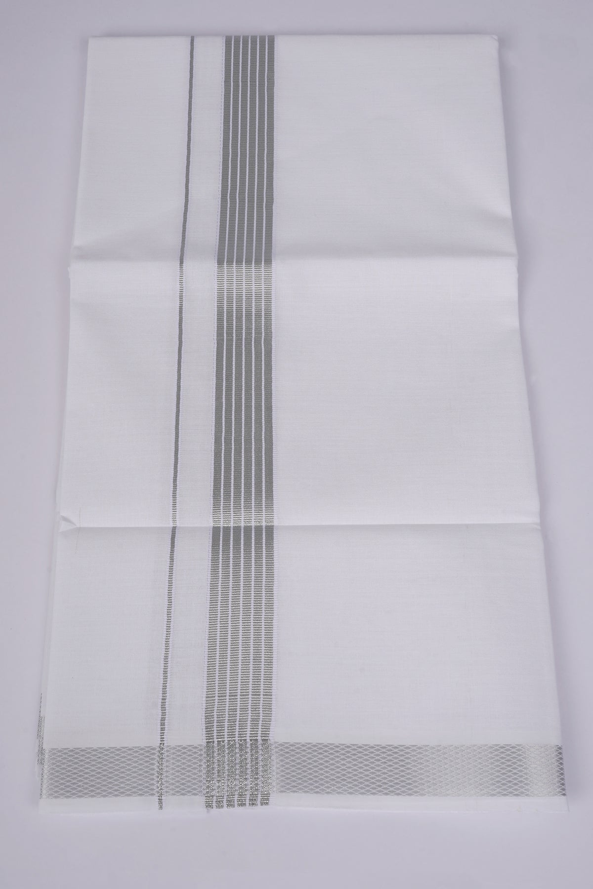Cotton Blend Single White Dhoti with Silver Jari Border 2.00 M - SLS-13