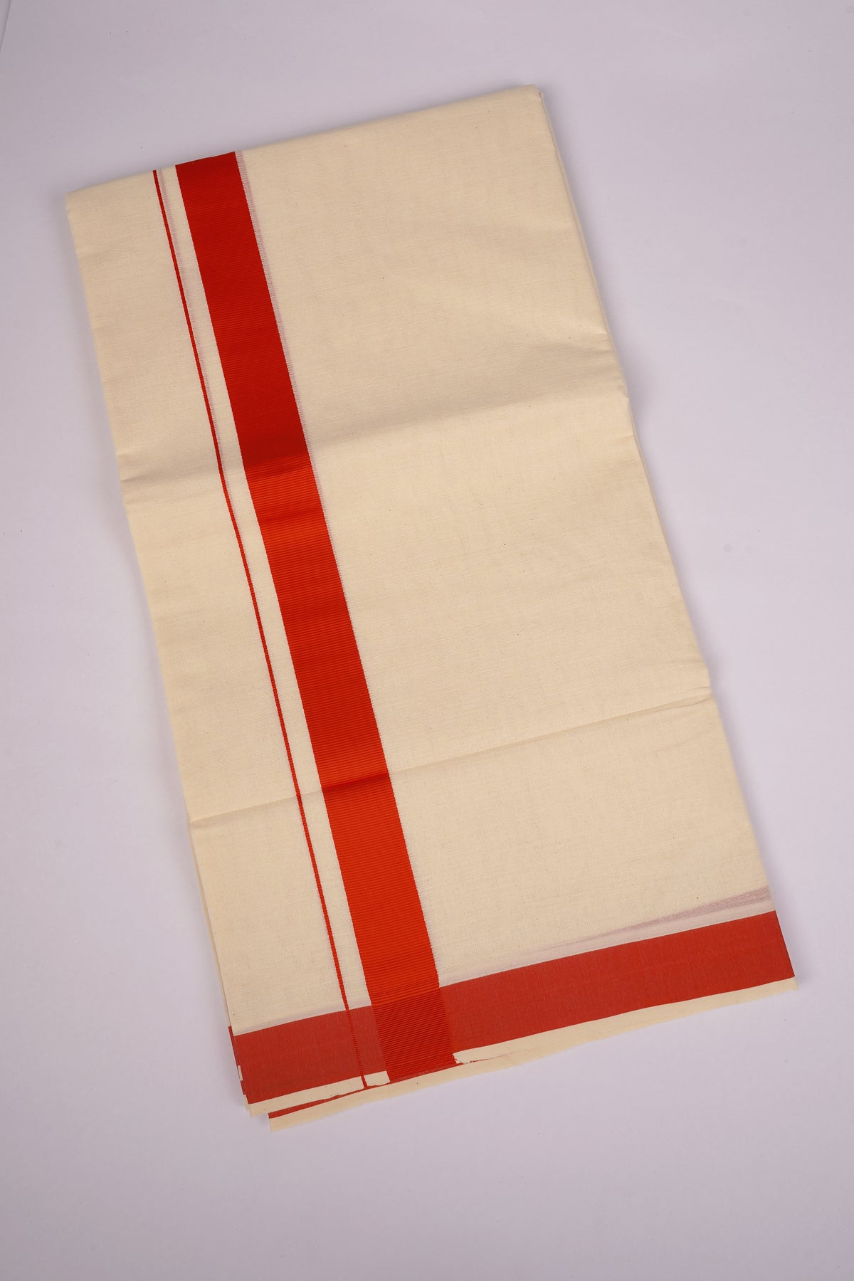 Mens Cotton Blend Cream Dhoti Double Fancy Border 3.80 m|FD-08C TOMATO RED