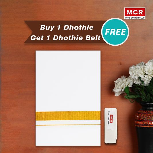 1 Gold Inch Border White Single Dhoti -GLS-21 Buy 1 Dhothie Get 1 Dhothie Belt Free