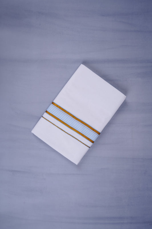 Pure Cotton White Dhoti Double for Men - Sky Blue 3.80m | Keraloom 330
