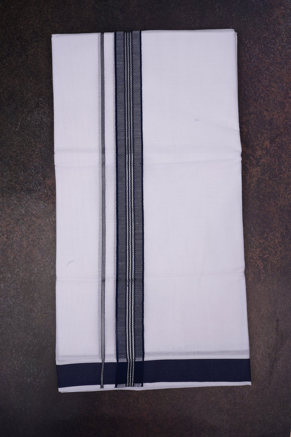 Mens Cotton Blend White Dhoti Double Fancy Border 3.80 m|FD-166 NAVY BLUE