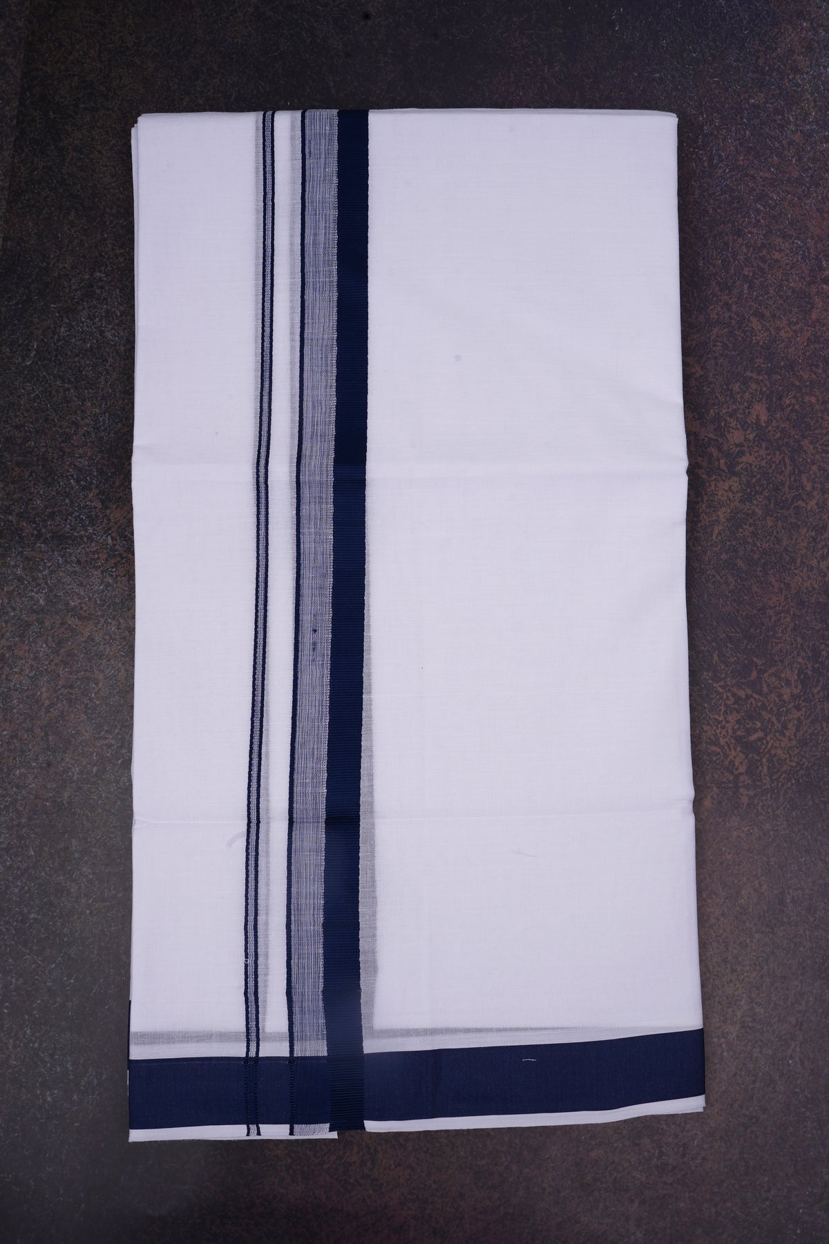 Mens Cotton Blend White Dhoti Double Fancy Border 3.80 m|FD-170 NAVY BLUE