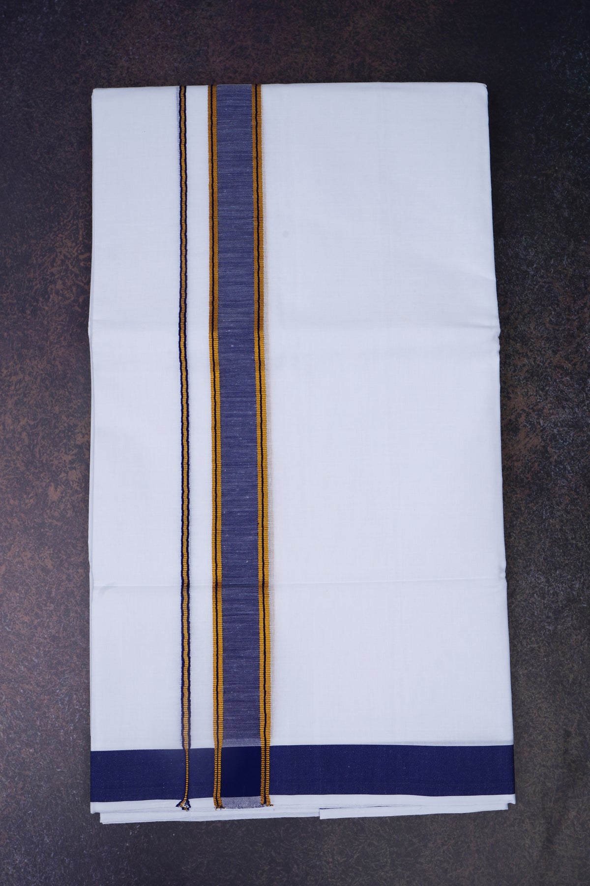 Mens Cotton Blend White Dhoti Double Fancy Border 3.80 m|FD-172 NAVY BLUE