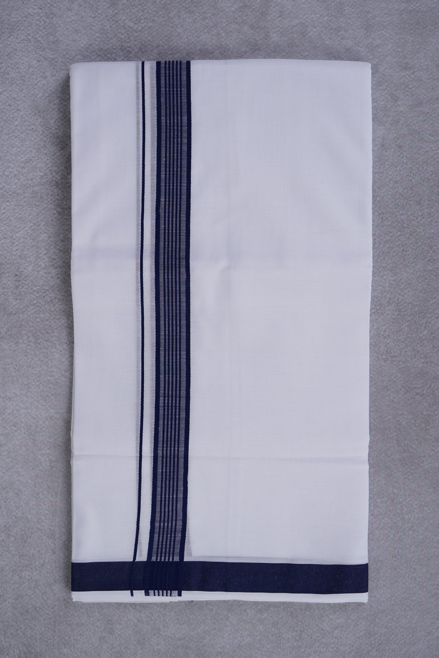 Easy Fit Fancy Border White Double Dhotis - Navy Blue