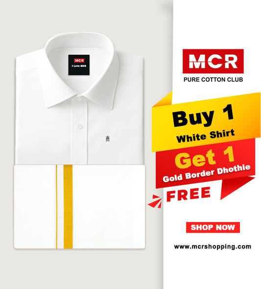 White Shirt + Gold Border Double Dhoti H/S - (Dhoti Size 4mtr)