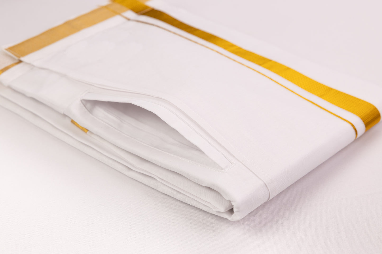 VELCRO POCKET WHITE GOLD BORDER READYMADE DHOTHIE